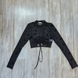 Bear Dance Mesh Crop Top Velvet Stars Long Sleeve Ruched Tie Front Sz S EUC